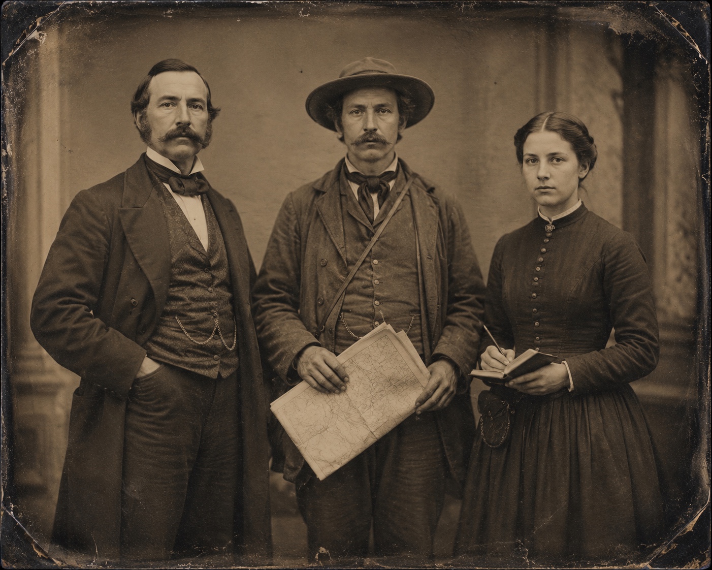 Amos Weller, Isaac Brann, and Margaret Hollenbach in a formal studio portrait
